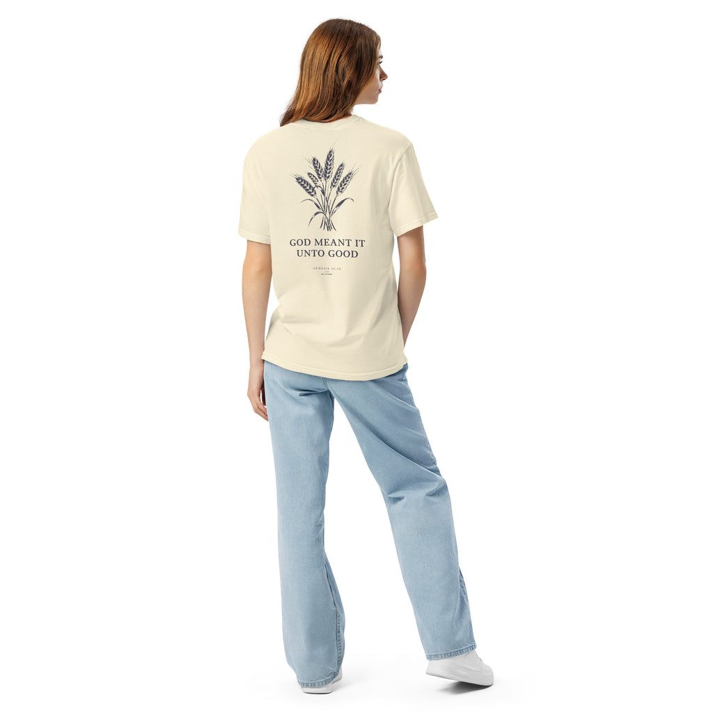 Back of the ivory Unto Good Genesis 50:20 t-shirt, second view